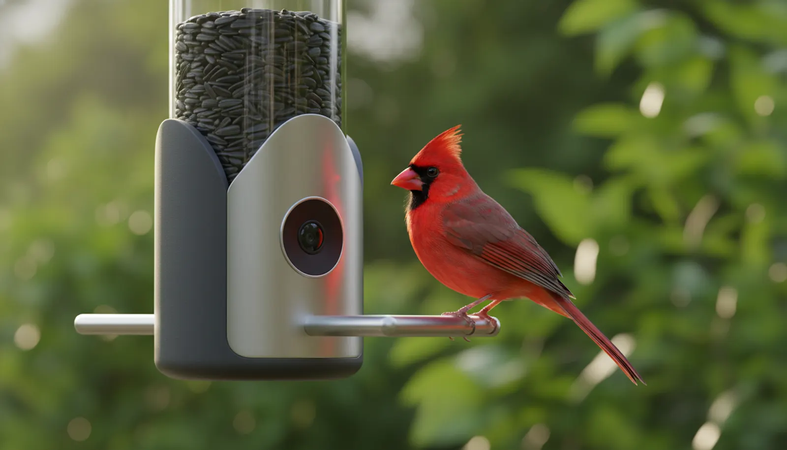 A red cardinal at a smart bird-feeder camera in a sunny green garden